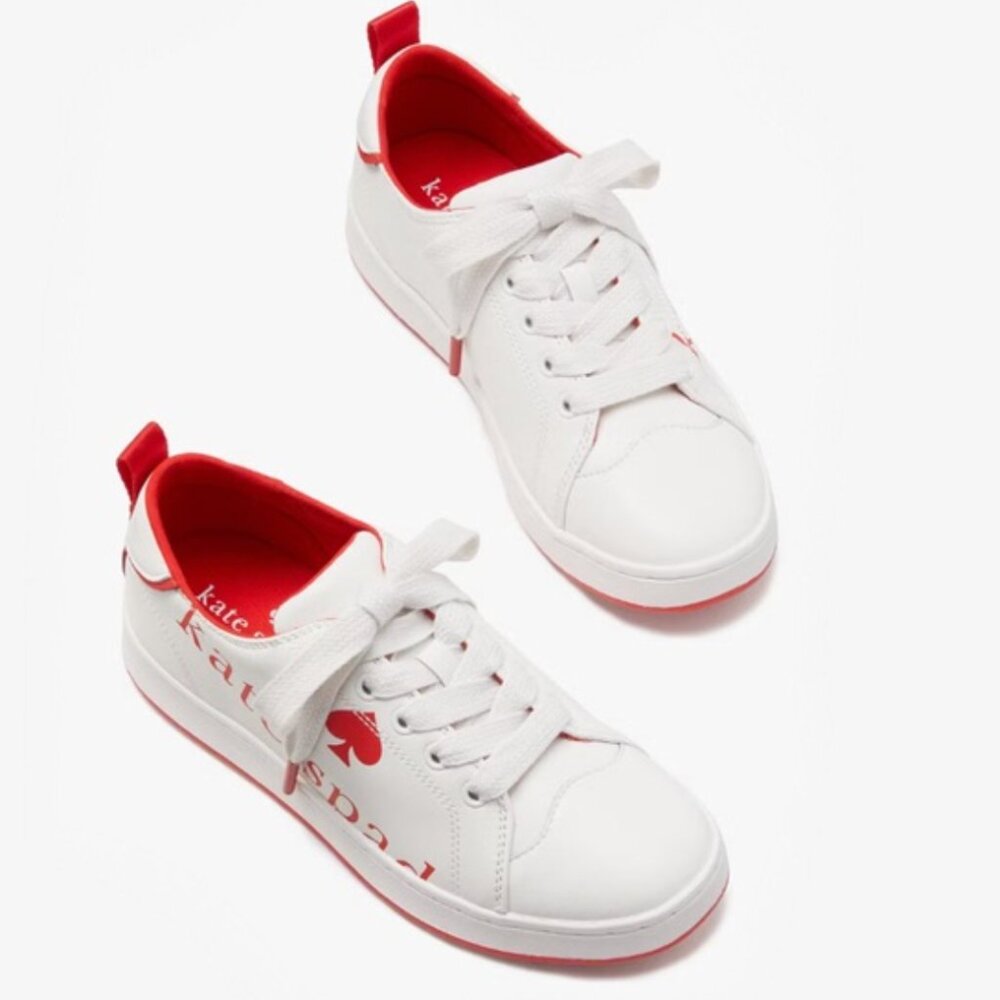 NIB Kate Spade Nikki Signature Logo Court Leather Sneakers White/Current Jam, 10